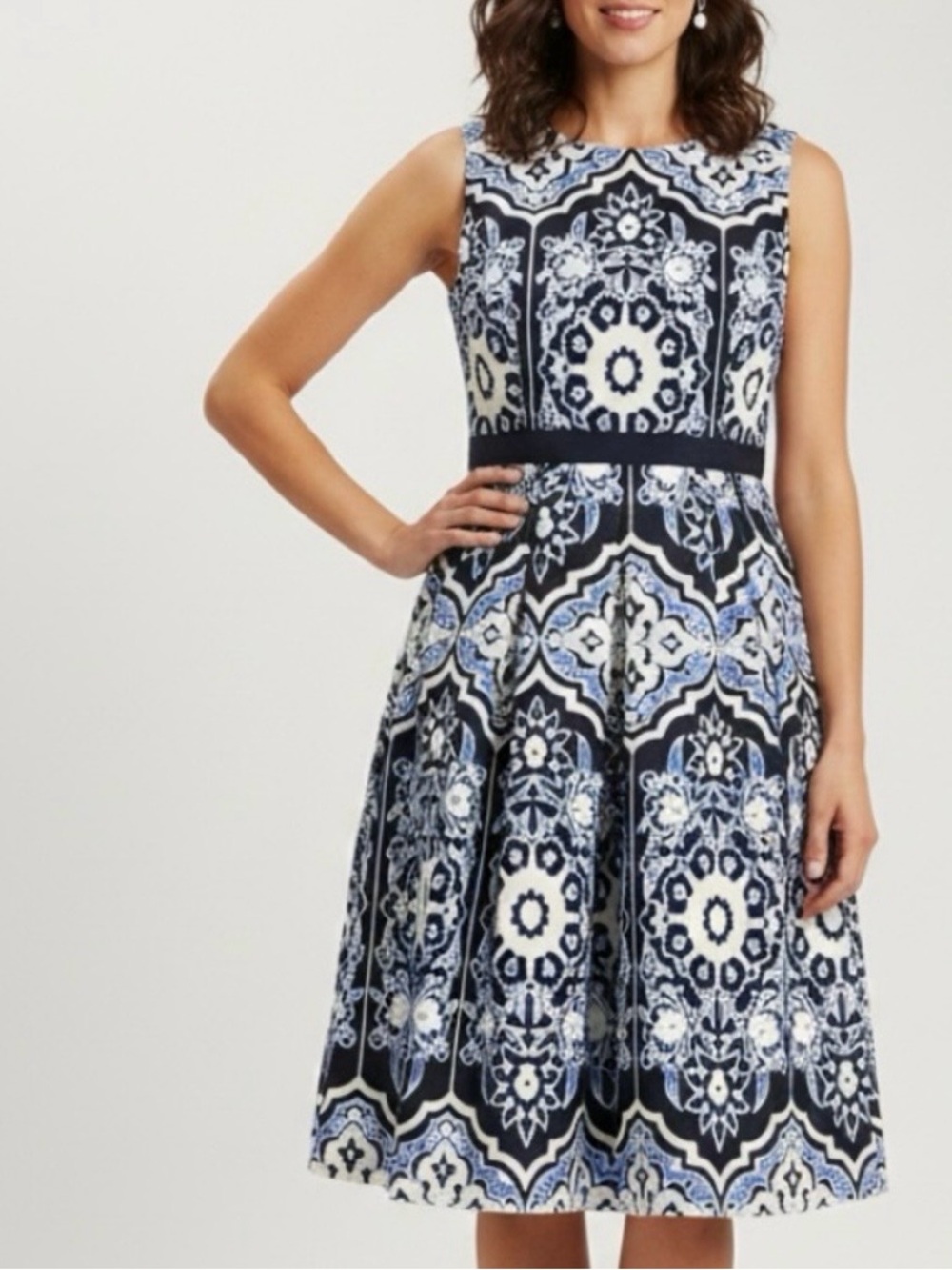 Talbots Sleeveless Navy & White Patterned Fit-and-Flare Dress Preppy Pockets 6P